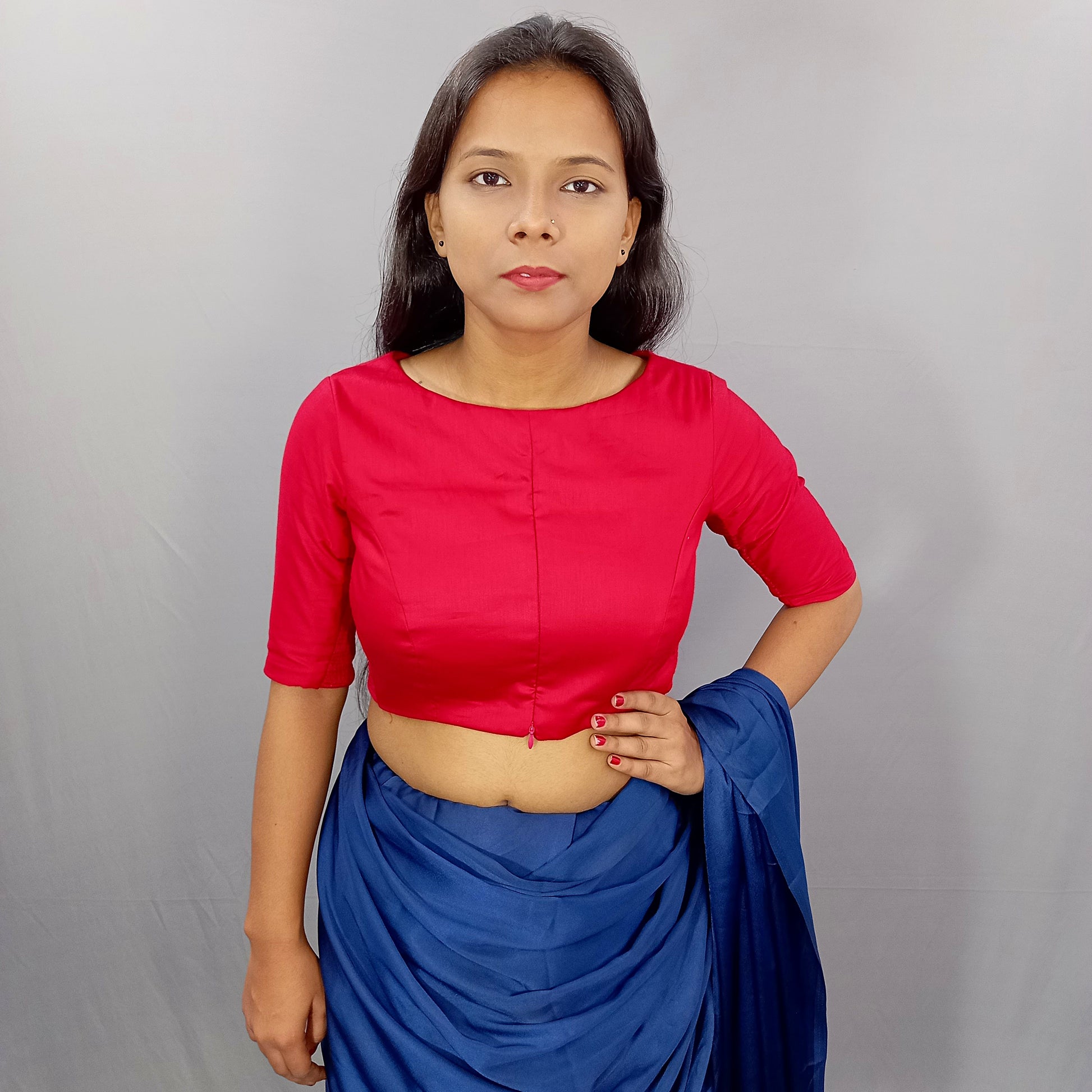 Elbow Sleeves Cotton Saree Blouse in Red
