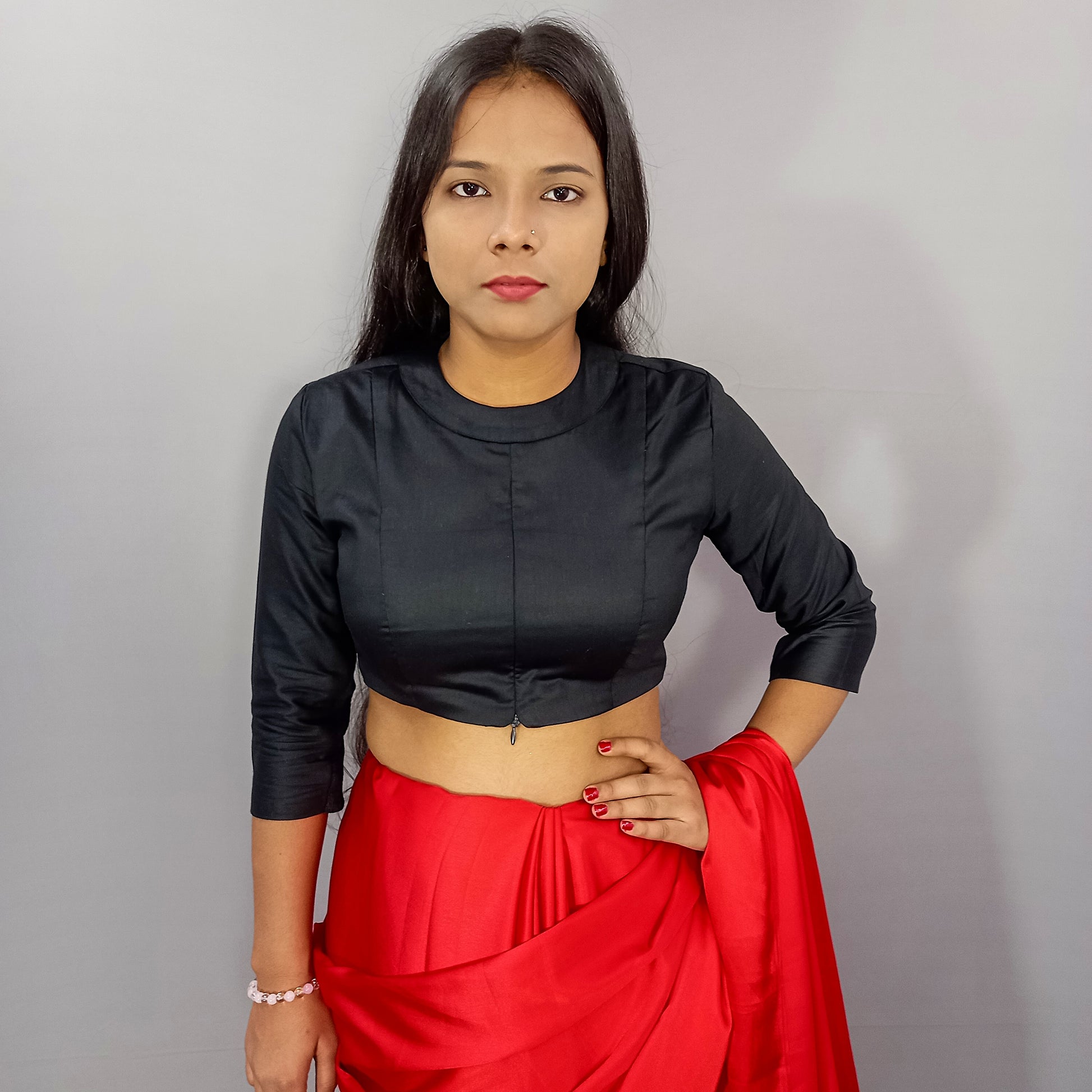 Three Quarter Sleeves Cotton Saree Blouse in Black