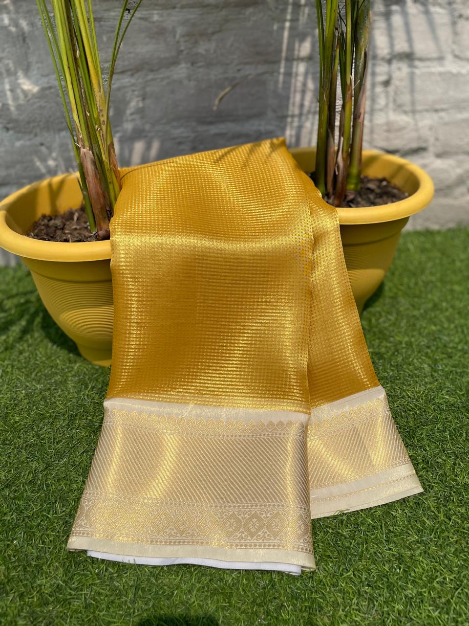 New Wedding Wear Golden Color Kanchipuram Tissue Silk Zari Weaving Designer Saree