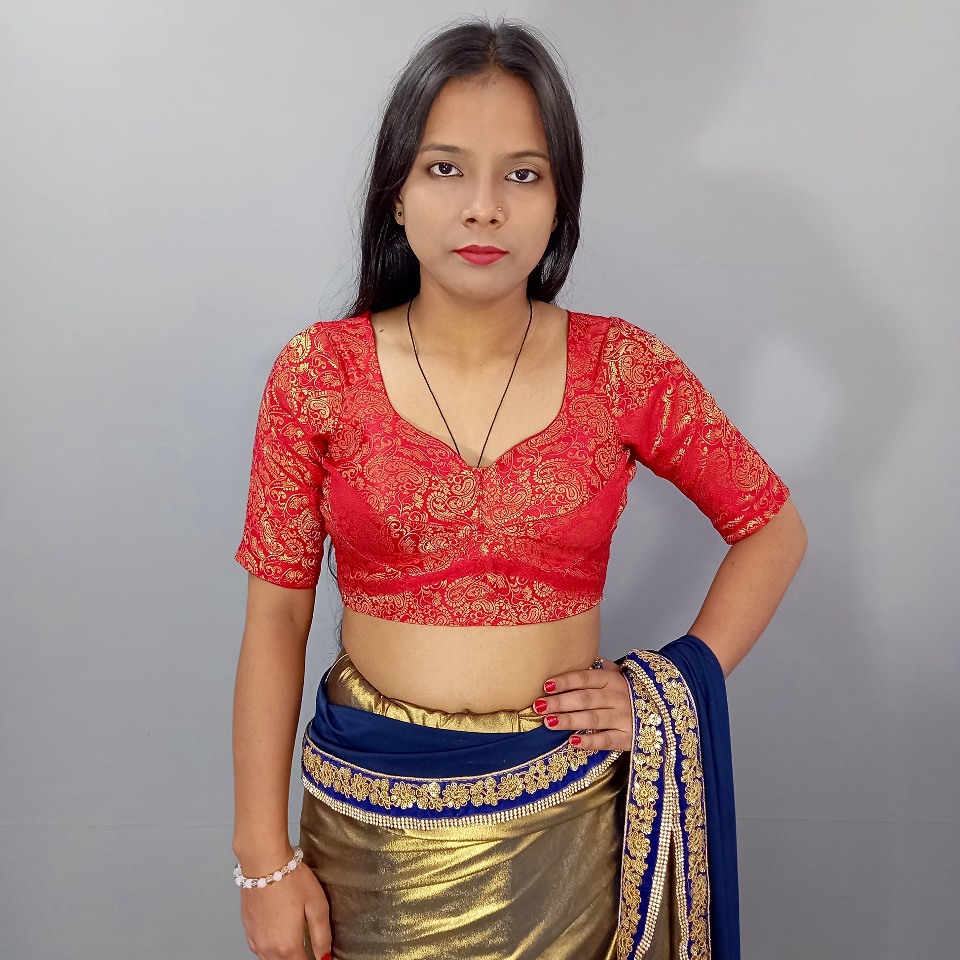 Elbow Sleeves Saree Blouse in Berry Red Vine Mesh Brocade