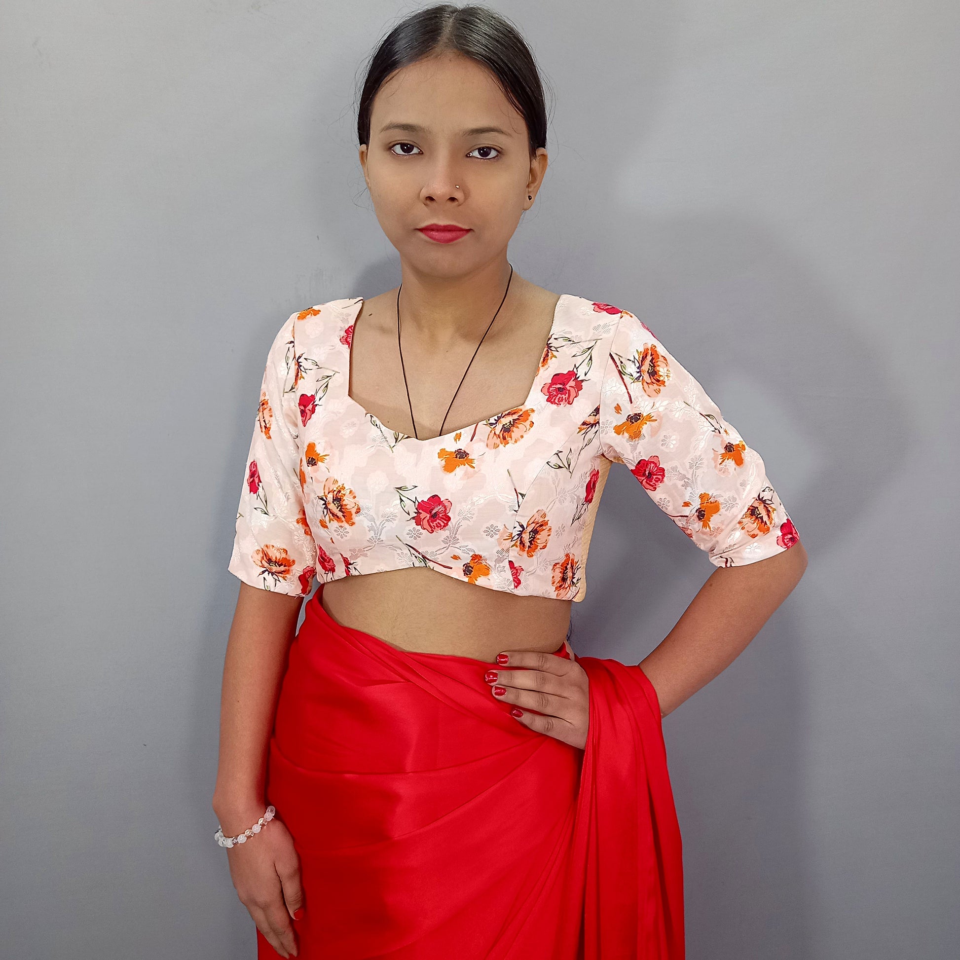 Elbow Sleeves Cotton Saree Blouse in Cream Floral Print Fabric