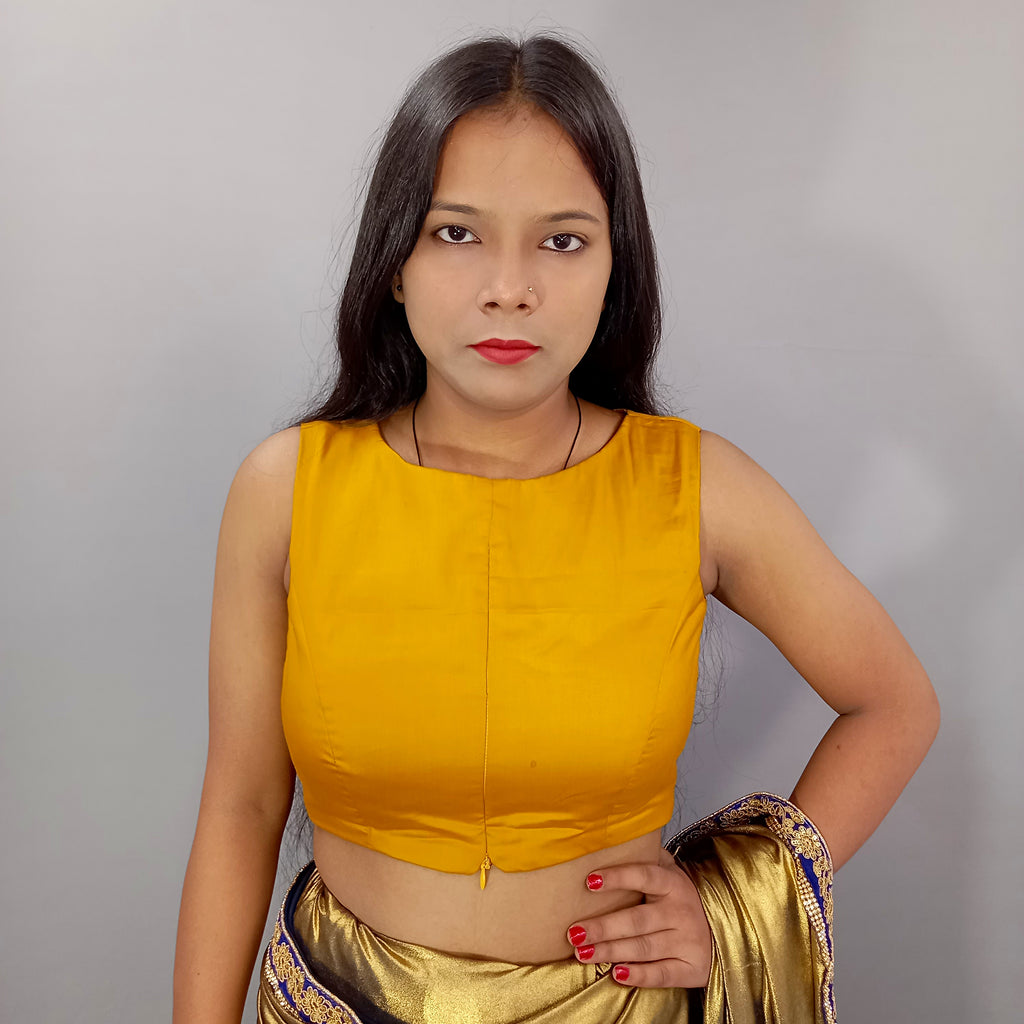 Sleeveless Cotton Saree Blouse in Mustard Fabric