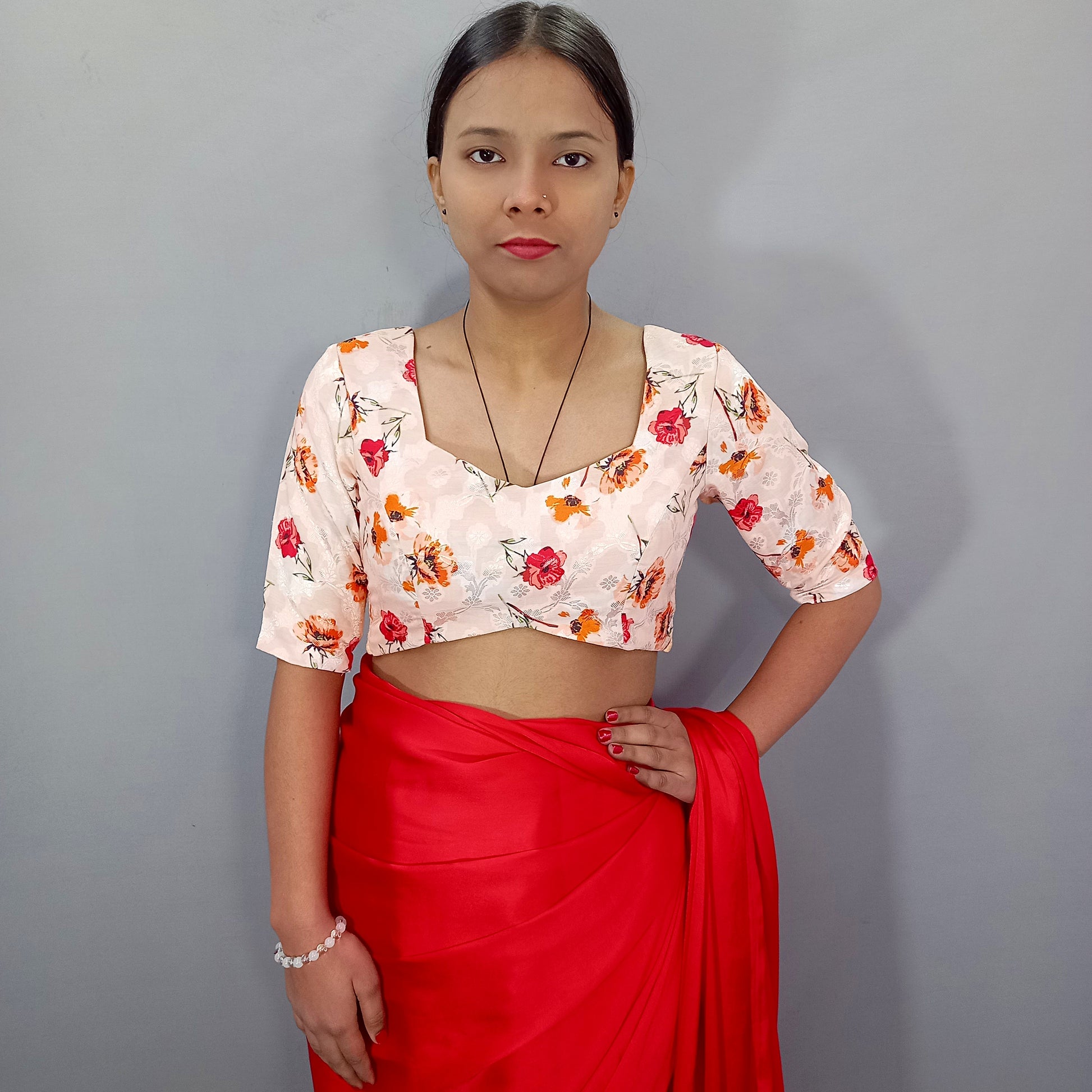 Elbow Sleeves Cotton Saree Blouse in Cream Floral Print Fabric