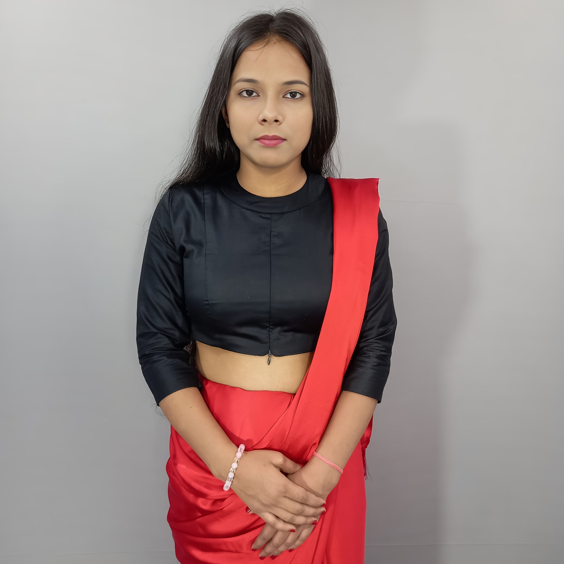 Three Quarter Sleeves Cotton Saree Blouse in Black