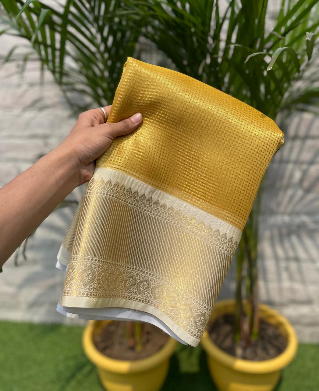 New Wedding Wear Golden Color Kanchipuram Tissue Silk Zari Weaving Designer Saree