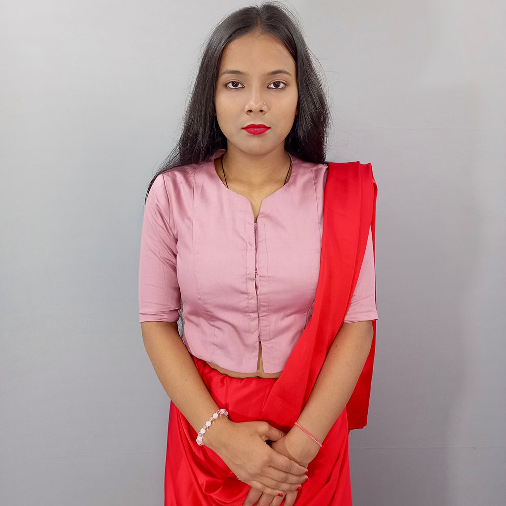 Elbow Sleeves Cotton Saree Blouse in Casual Solid Pink Long