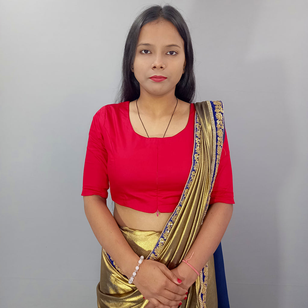 Elbow Sleeves Cotton Saree Blouse in Red Fabric