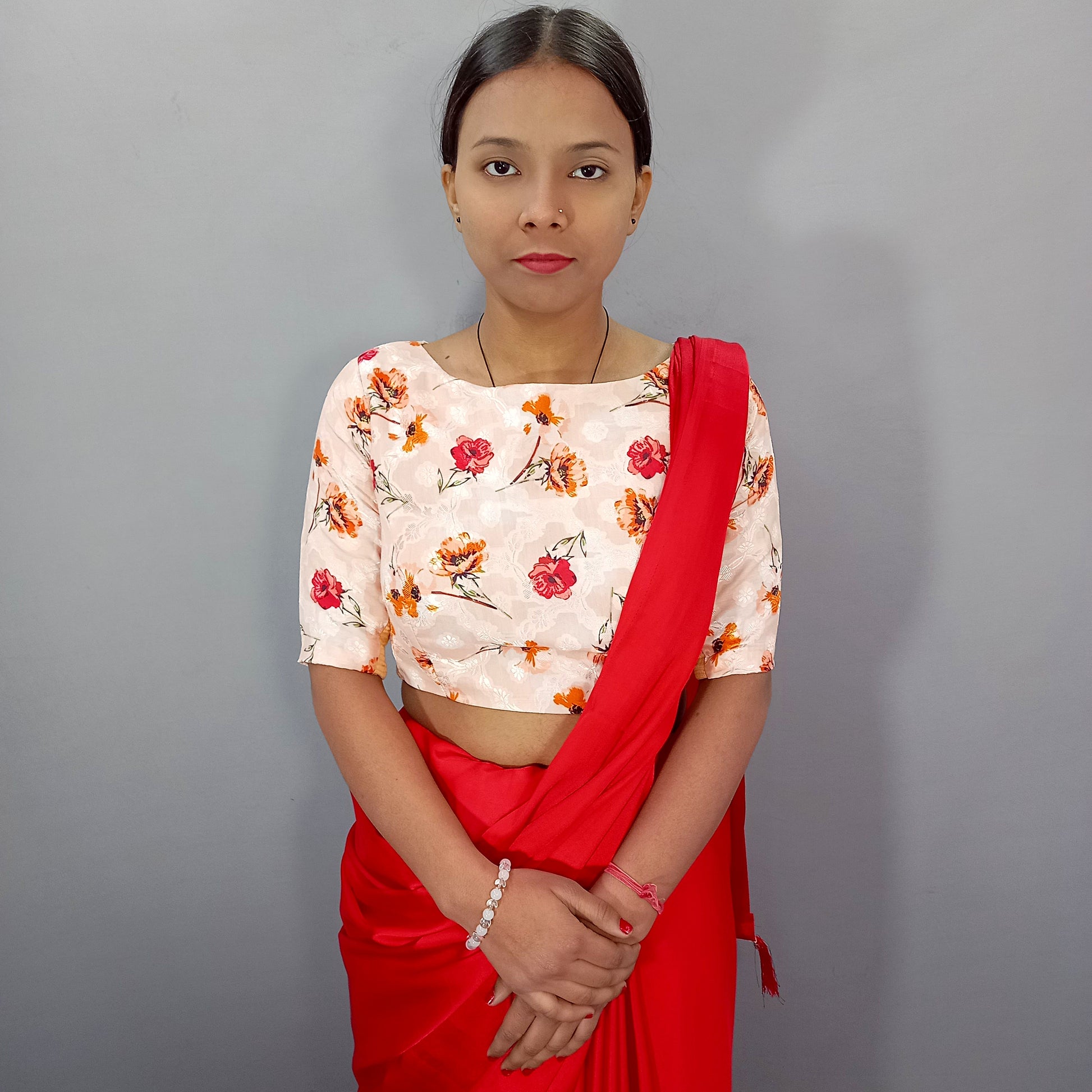 Regular Sleeves Cotton Saree Blouse in Cream Floral Print Fabric