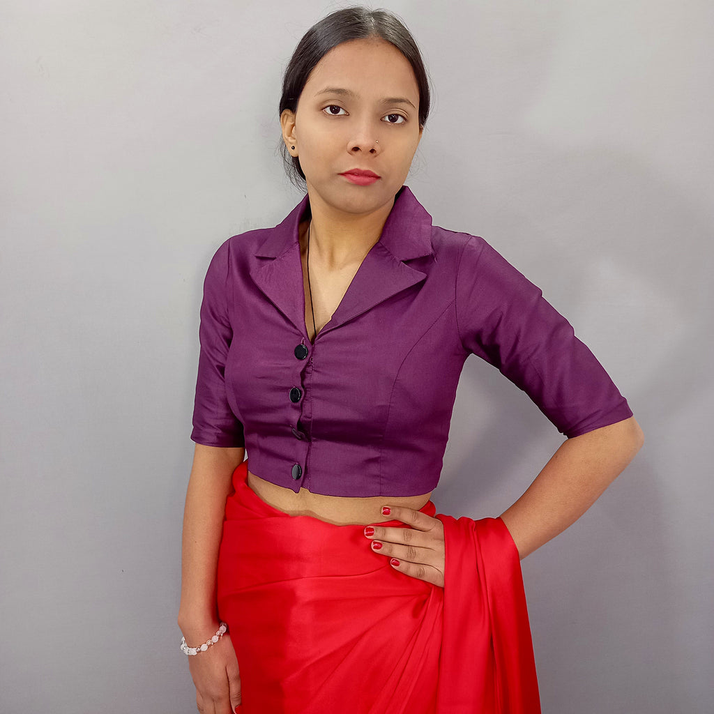 Regular Sleeves Cotton Saree Blouse in Wine