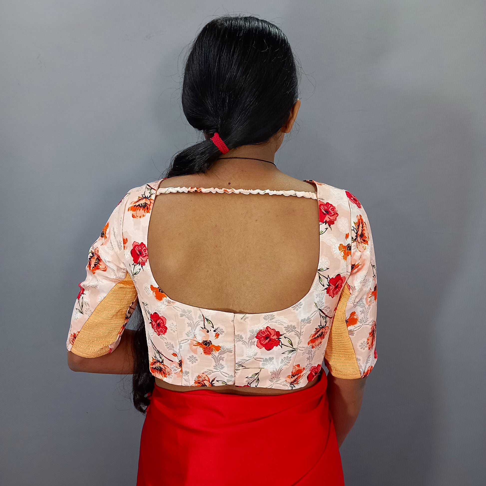 Elbow Sleeves Cotton Saree Blouse in Cream Floral Print Fabric